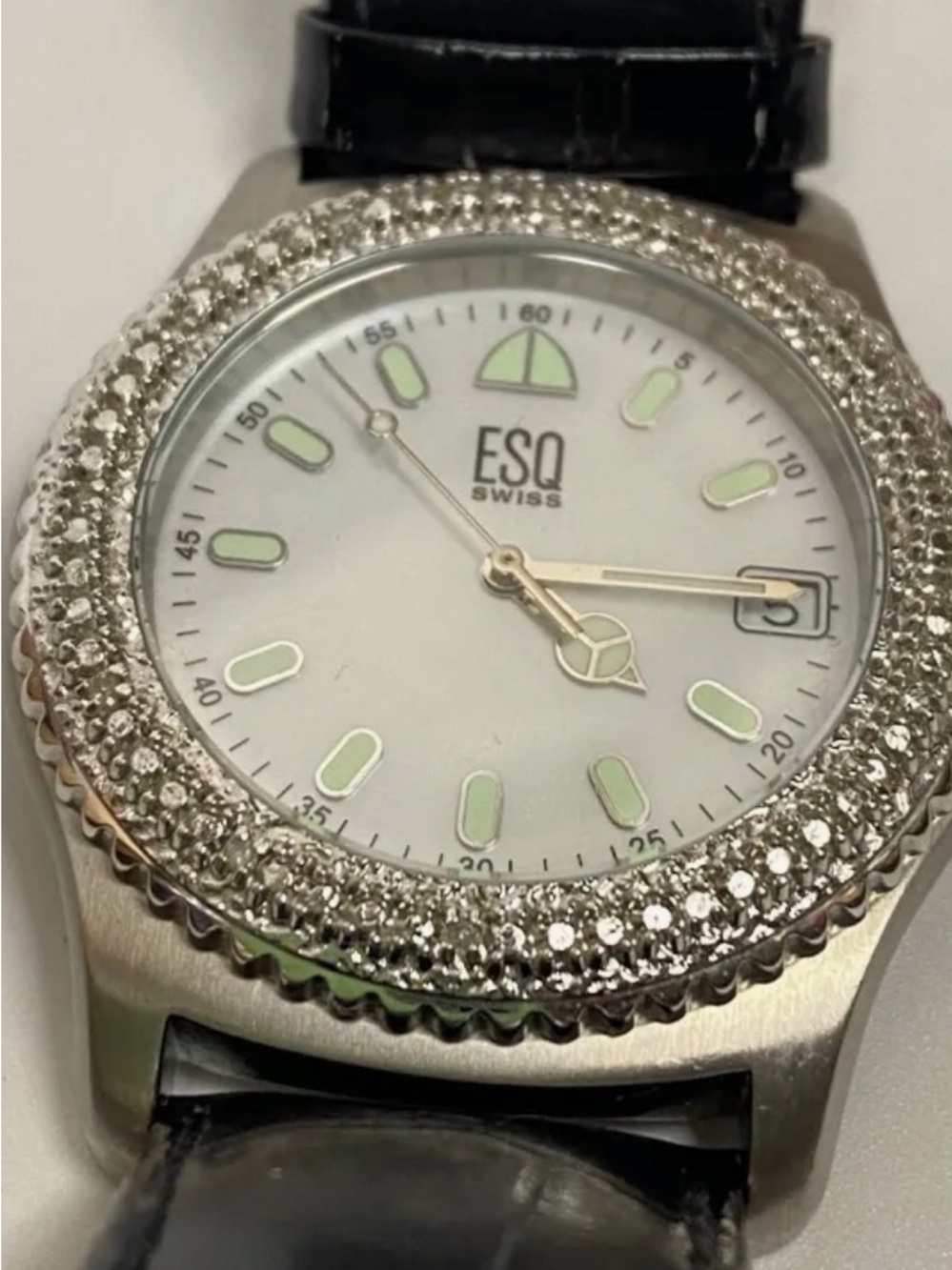 ESQ Women's Silver Watch with Diamond Bezel - White Dial. Glow in the dark hands